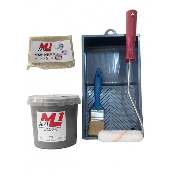M1 ART GRİ  Akrilik Boya 1.kg  Tava+Rulo+Örtü +Fırça -SET -Ahşap, Tuval, Seramik , Duvar ,Taş ürün görseli 1