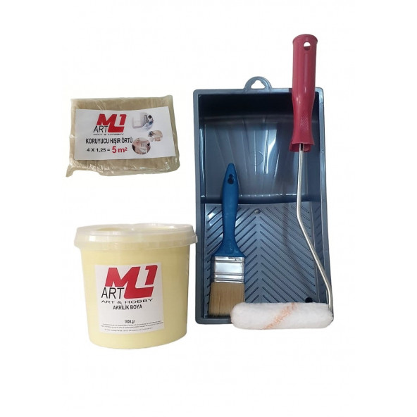 M1 ART SARI Akrilik Boya 1.kg  Tava+Rulo+Örtü +Fırça -SET -Ahşap, Tuval, Seramik , Duvar ,Taş ürün görseli 1