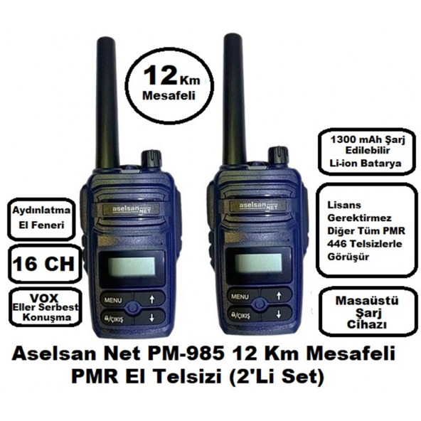 Aselsan PM985 12Km Açık Alan Mesafeli Pmr El Telsizi (2'li Set) ürün görseli 1