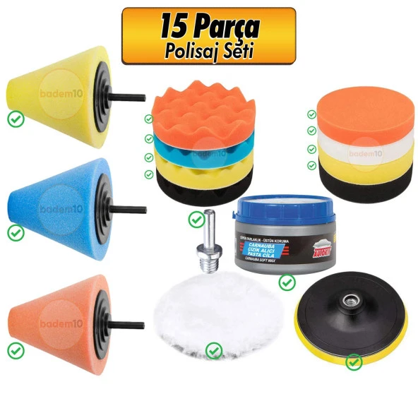 Rodex Pasta Cila Oto Temizlik Seti Jant Matkap Ucu Parlatma Polisaj Süngeri Aparatı (15 PARÇA) ürün görseli 1