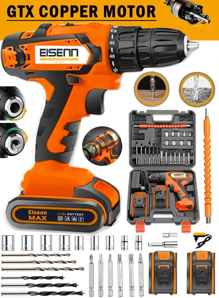 Eisenn Germany E-10027 Orange Çelik Şanzuman Bakır Sargılı Çift Akülü Şarjlı Matkap Vidalama Uç Seti Hediyeli ürün görseli 1