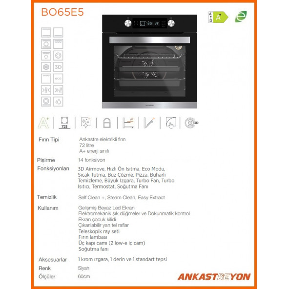 Silverline BO65E5B01 Siyah Cam Ankastre Fırın 14 Program Multifonksiyonel - Resim 2
