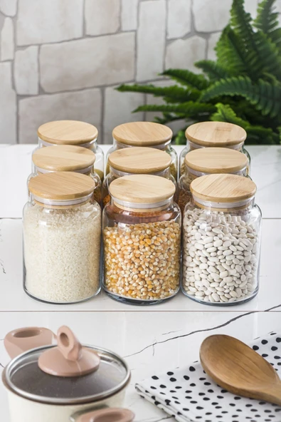 9 Lu Set Bambu Kapaklı Cam Kavanoz & Erzak Saklama Kabı 800 ml Orta Boy ( Vakum Kapak ) ürün görseli 1