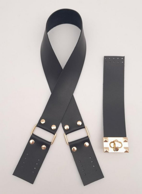 Angel Çanta Aksesuar 70x4 cm Suni Deri Çanta Saplı Kapaklı Siyah Çanta Seti Light Gold Metalli ürün görseli 1