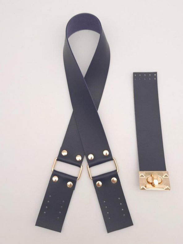 Angel Çanta Aksesuar 70x4 cm Suni Deri Çanta Saplı Kapaklı Lacivert Çanta Seti Light Gold Metalli ürün görseli 1
