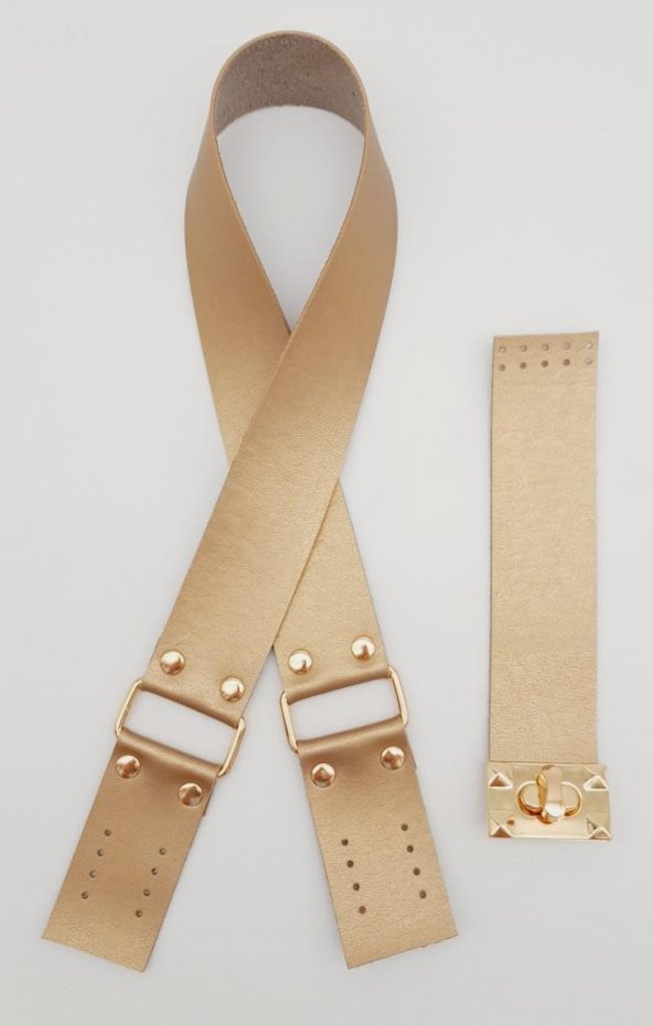 Angel Çanta Aksesuar 70x4 cm Suni Deri Çanta Saplı Kapaklı Gold Renk Çanta Seti Light Gold Metalli ürün görseli 1