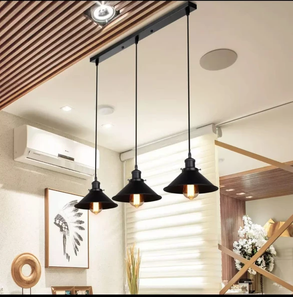 Dylight Retro Metal Siyah Sıralı Üçlü Sarkıt Avize Genişlik:60cm ürün görseli 1