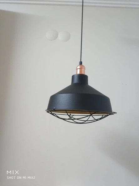 Retro Metal Siyah Dekoratif Bakır Duylu Kafesli Siyah İçi Gold  Kafe Mutfak Avize Çap:30 cm ürün görseli 1