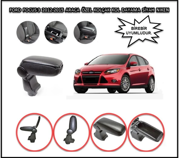 FORD FOCUS 3 2012-2015 ARACA ÖZEL KOLÇAK KOL DAYAMA SİYAH NIKEN ürün görseli 1