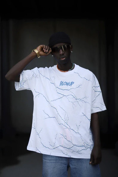 Oversize Pamuklu Bisiklet Yaka Şimşek Baskı Detaylı Erkek Yazlık T-shirt ürün görseli 1