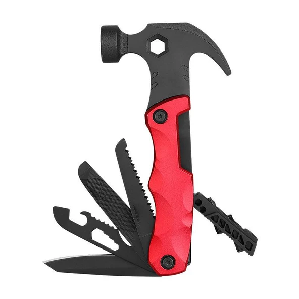 Valkyrie Çok Fonksiyonlu Çekiç Çakı Çantalı Kamp Outdoor Testere Tornavida Seti Kırmızı ürün görseli 1