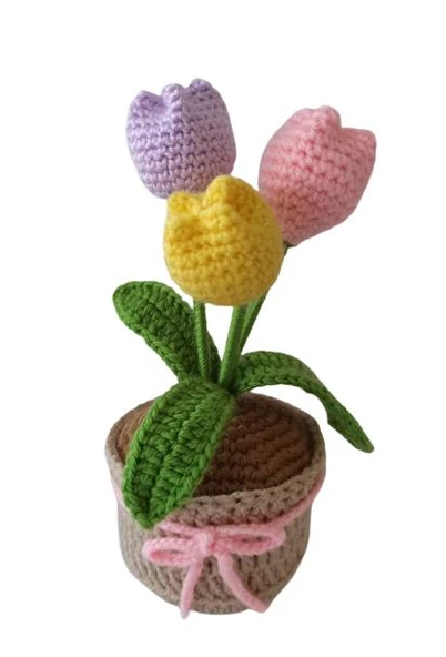Örgü Üçlü Renkli Laleler Amigurumi Organik Oyuncak ürün görseli 1