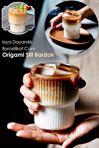Origami Stil Şeffaf Çizgili Cam Bardak Kokteyl Çay Kahve Sunum Isıya Dayanıklı Borosilikat Bardağı ürün görseli 1