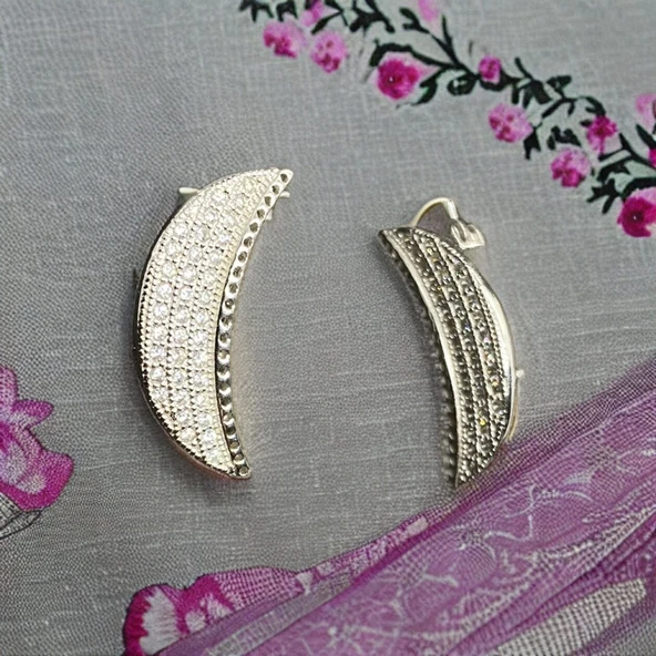 Ay Model Zirkon Dizme Taşlı 1. Kalite İthal 925 Ayar Kadın Gümüş Küpe ürün görseli 1