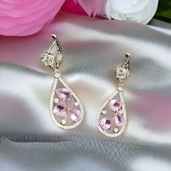 Pembe Damla Taşlı Zirkon Dizme 1. Kalite İthal 925 Ayar Kadın Gümüş Küpe ürün görseli 1