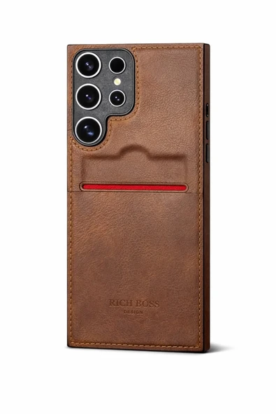 Samsung Galaxy S23 Ultra Kartlıklı Rich Boss Lüx Deri Kılıf Koyu Kahverengi ürün görseli 1