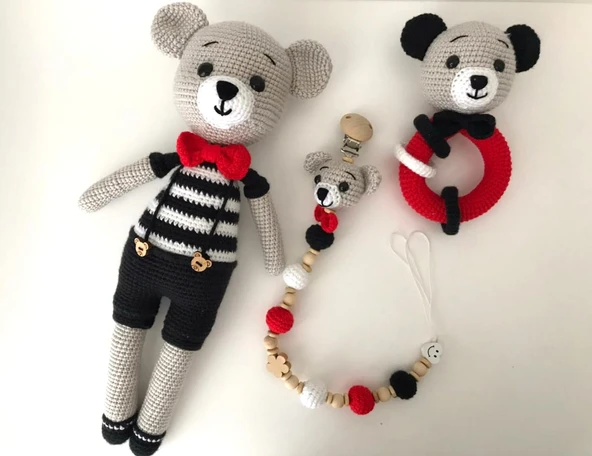 Yeni Doğan Papyonlu Ayıcık Seti Amigurumi Organik Oyuncak ürün görseli 1