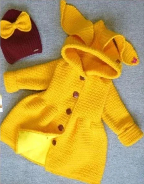 Örgü İçi Polarlı Sarı Tavşan Modeli Kız Bebek Hırka ve Şapkası ürün görseli 1