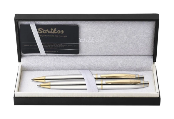 Scrikss Noble 35 Tükenmez Kalem ve Mekanik Kurşun Kalem İkili Set Krom-Altın ürün görseli 1