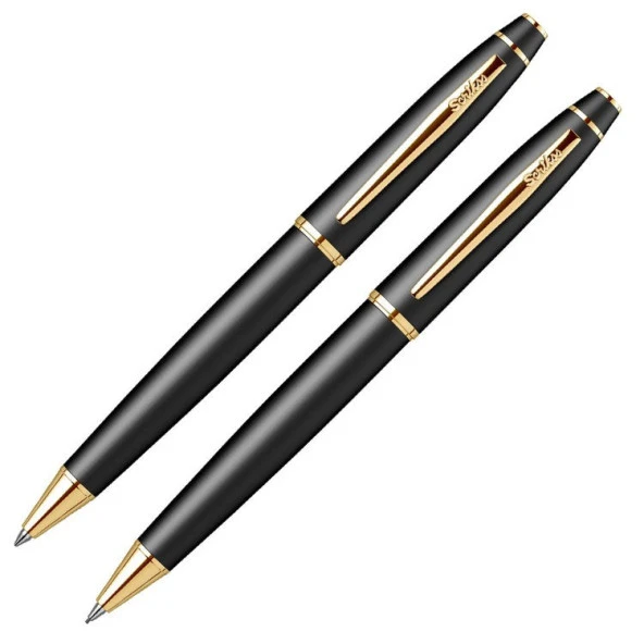 Scrikss Noble 35 Tükenmez Kalem ve Mekanik Kurşun Kalem İkili Set Mat Siyah - Altın ürün görseli 1