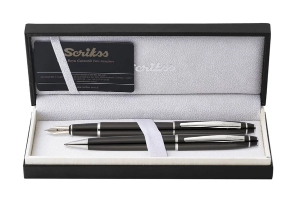 Scrikss Noble 35 Dolma Kalem ve Tükenmez Kalem İkili Set Siyah-Krom ürün görseli 1