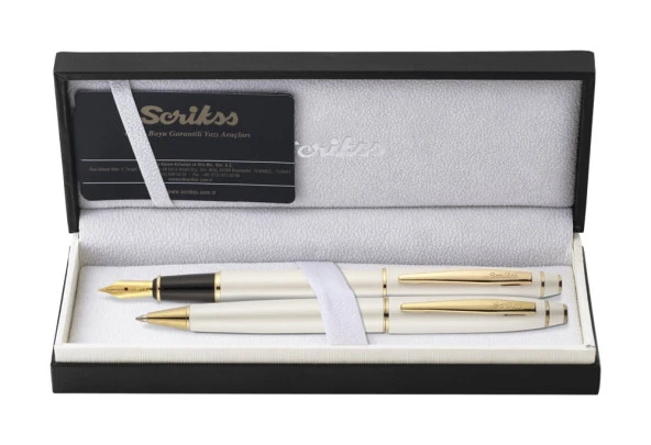 Scrikss Noble 35 Dolma Kalem ve Tükenmez Kalem İkili Set Beyaz-Altın ürün görseli 1