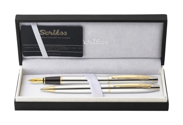 Scrikss Noble 35 Dolma Kalem ve Tükenmez Kalem İkili Set Krom-Altın ürün görseli 1