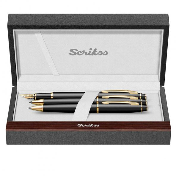 Scrikss Noble 35 Dolma Kalem, Tükenmez Kalem, Mekanik Kurşun Kalem Üçlü Set Mat Siyah - Altın ürün görseli 1