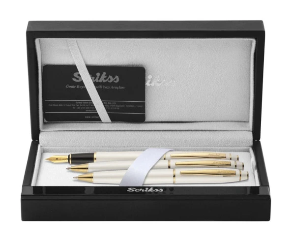 Scrikss Noble 35 Dolma Kalem, Tükenmez Kalem,  Mekanik Kurşun Kalem Üçlü Set Beyaz-Altın ürün görseli 1