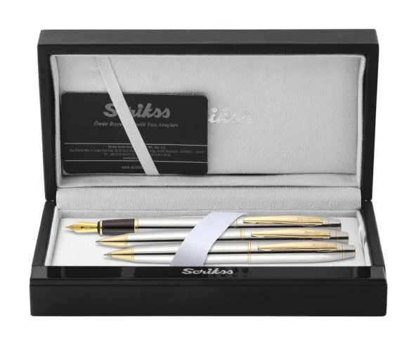Scrikss Noble 35 Dolma Kalem, Tükenmez Kalem,  Mekanik Kurşun Kalem Üçlü Set Krom-Altın ürün görseli 1