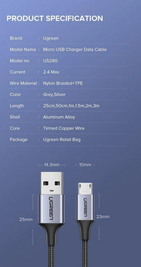 Ugreen 2.4A USB to Mikro Usb Kablo 100Cm - Resim 3