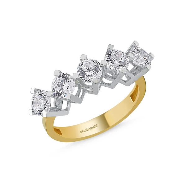 5 Taş Yüzük Sarı Altın Swarovski ürün görseli 1