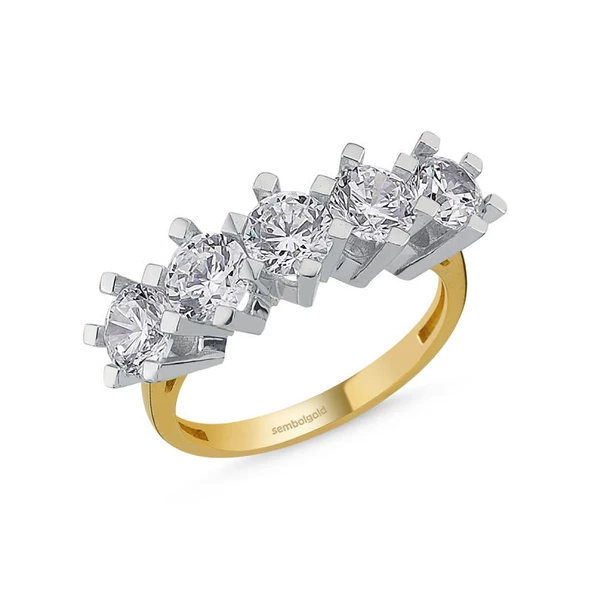 5 Taş Yüzük Sarı Altın Swarovski ürün görseli 1
