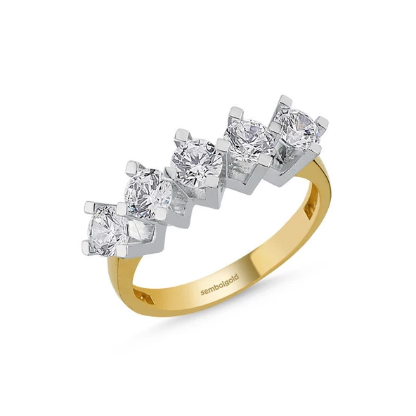 5 Taş Yüzük Sarı Altın Swarovski ürün görseli 1