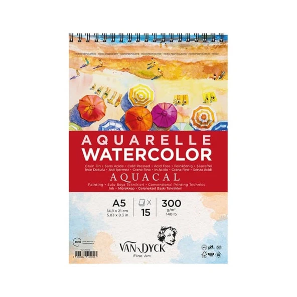 Van Dyck Aquacal Cold Press İnce Dokulu Sulu Boya Blok 300 gr 15 yp A5 Spiralli ürün görseli 1