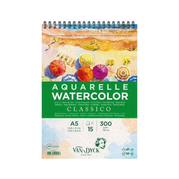 Van Dyck Classico Cold Press Dokulu Sulu Boya Blok 300 gr 15 yp A5 Spiralli ürün görseli 1