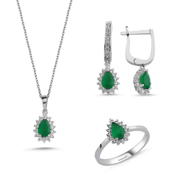 Beyaz Altın Mini Set Zümrüt Damla 3lü Takım ürün görseli 1