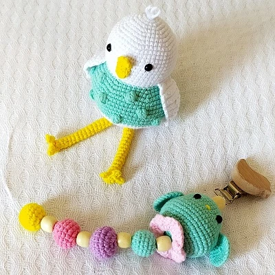 Sevimli Kuş Çıngırak ve Emzik Zinciri Amigurumi Organik Oyuncak ürün görseli 1