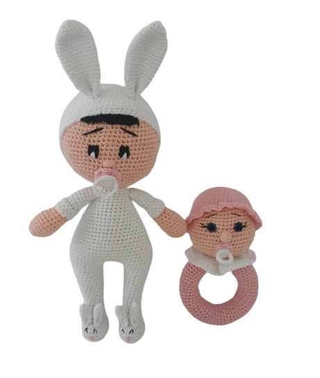 Emzikli Bebek Tavşan Seti Amigurumi Organik Oyuncak ürün görseli 1