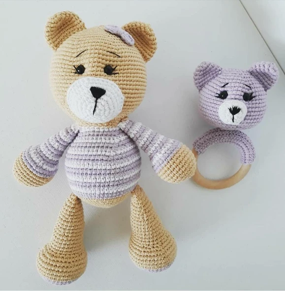 Ayıcık Boby ve Çıngırak Takımı Amigurumi Organik Oyuncak ürün görseli 1