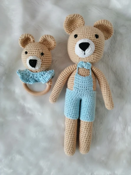 Bizim Ayıcık Uyku Arkadaşı ve Çıngırak Amigurumi Organik Oyuncak ürün görseli 1