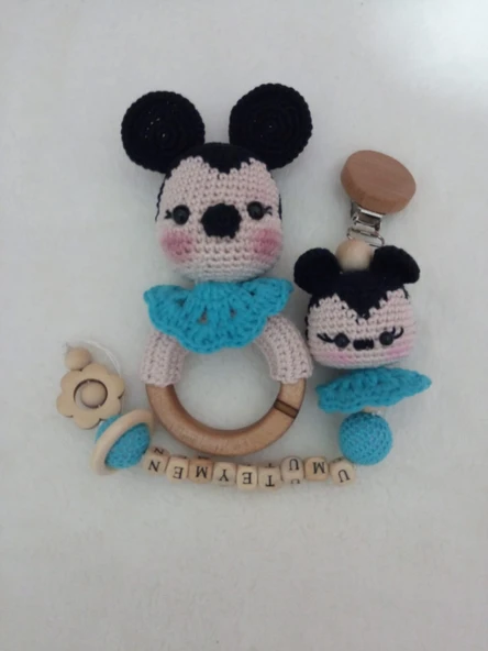 Mickey Mouse Amigurumi Çıngırak ve Emzik Zinciri Takımı ürün görseli 1