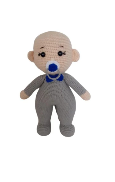 Erkek Gri Emzikli Tombiş Bebek Amigurumi Organik Oyuncak ürün görseli 1