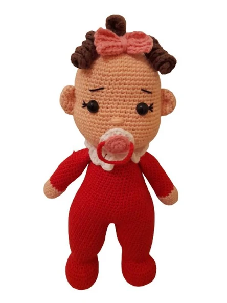 Kırmızı Kız Emzikli Tombiş Bebek Amigurumi Organik Oyuncak ürün görseli 1