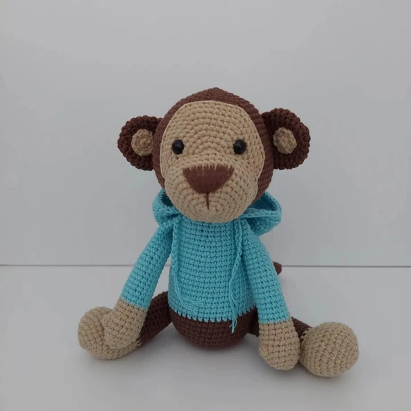 Mavi Kapşonlu Sevimli Maymuş Amigurumi Organik Oyuncak ürün görseli 1
