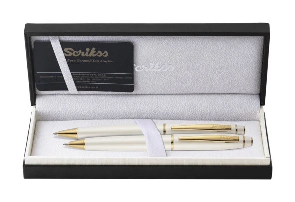 Scrikss Noble 35 Tükenmez Kalem ve Mekanik Kurşun Kalem İkili Set Beyaz-Altın ürün görseli 1