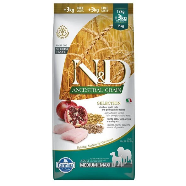 N&D Az Tahıllı Tavuklu ve Narlı Orta ve İri Irk Yetişkin Köpek Maması 12+3 Kg ürün görseli 1