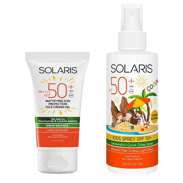 Solaris Yağlı Cilt Tipleri İçin Jel Güneş Kremi (Mat) SPF 50+ (50 ml) ve Çocuk Güneş Kremi Sprey SPF 50+ ürün görseli 1