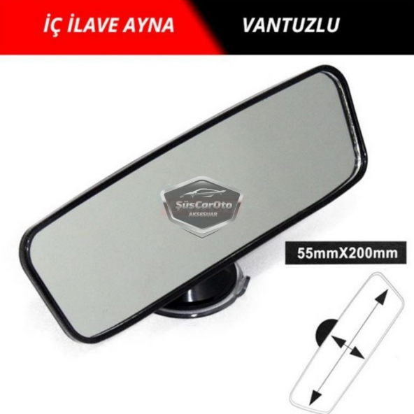 Her Araca Uyumlu Siyah Çerçeveli Dikiz Aynası 55 mm x 200 mm Vantuzlu İç İlave Ayna ürün görseli 1