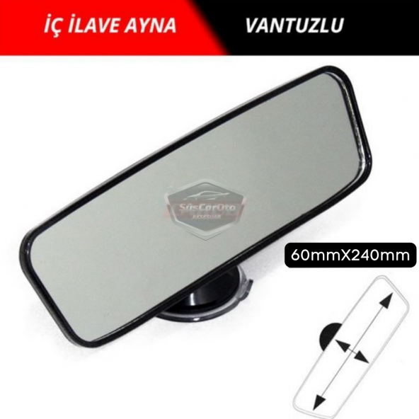 Her Araca Uyumlu Siyah Çerçeveli Dikiz Aynası 60 mm x 240 mm Vantuzlu İç İlave Ayna ürün görseli 1
